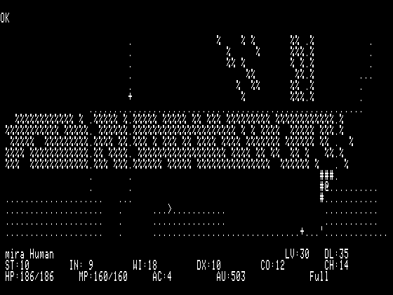 Animated Moria8 gameplay on the Apple II: a level 30 Human Priest on dungeon level 35