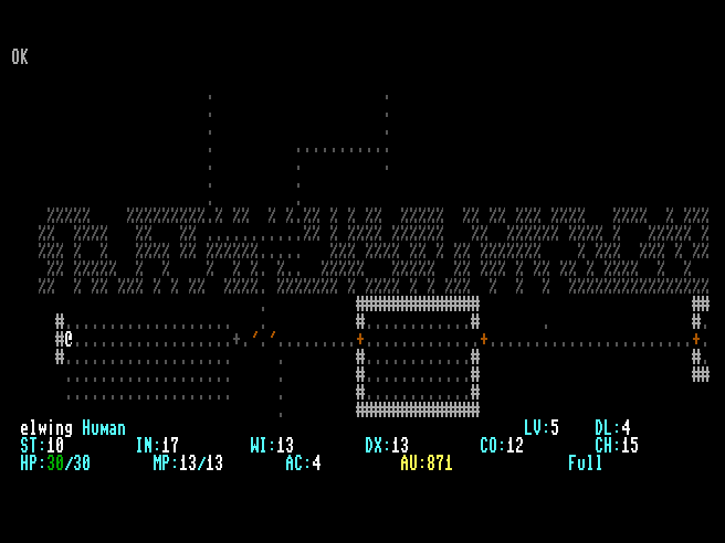 Animated Moria8 gameplay on the Commodore 128: a level 5 Human Mage on dungeon level 4