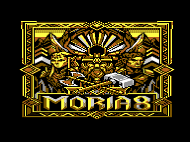 Animated Moria8 gameplay on the Commodore 64: a Dwarf Warrior from the loading screen through character creation, then a level 8 Dwarf Warrior on dungeon level 8