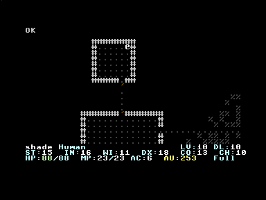 Animated Moria8 gameplay on the Commodore Plus/4: a level 10 Human Rogue on dungeon level 10